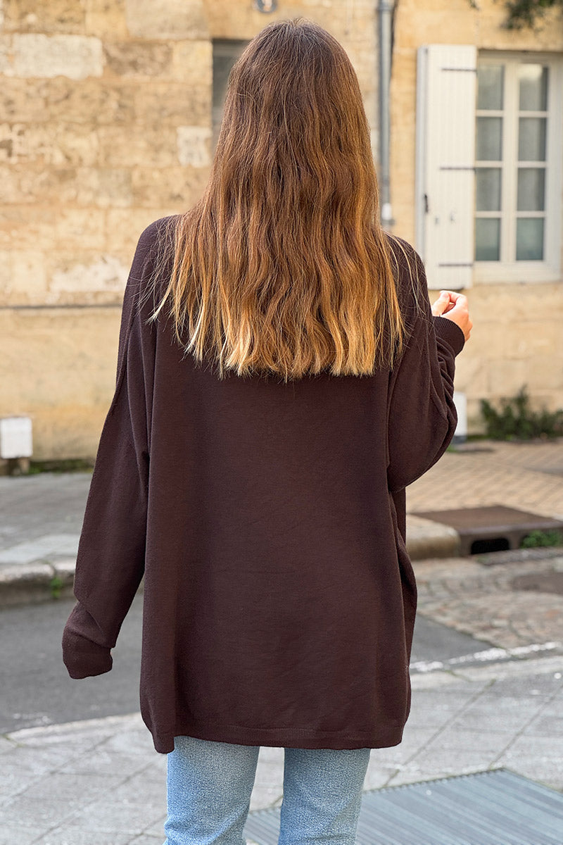 Chocolate Brown Viscose Knit V-Neck Sweater