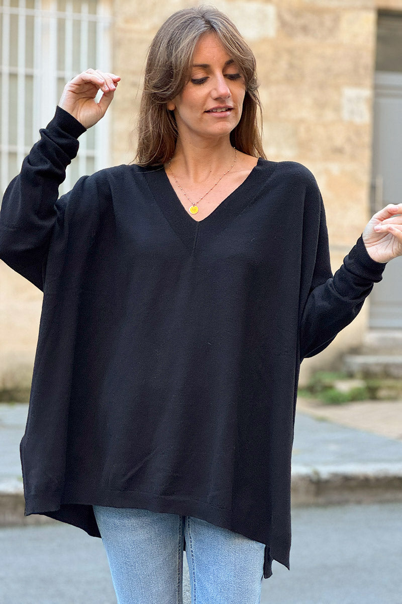 Black Viscose Knit V-Neck Sweater