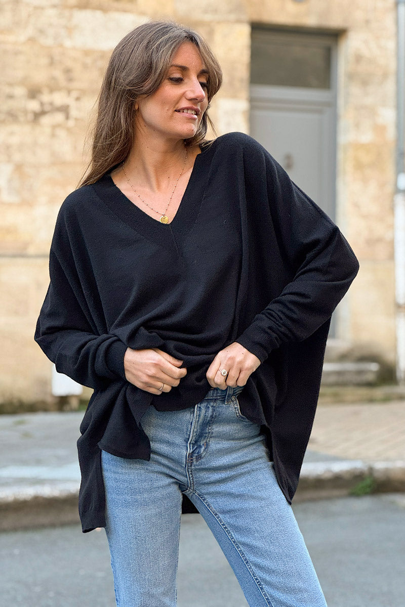 Black Viscose Knit V-Neck Sweater