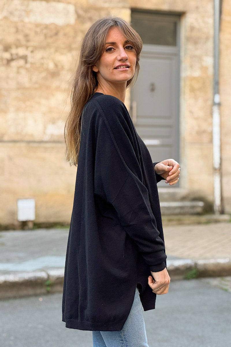 Black Viscose Knit V-Neck Sweater