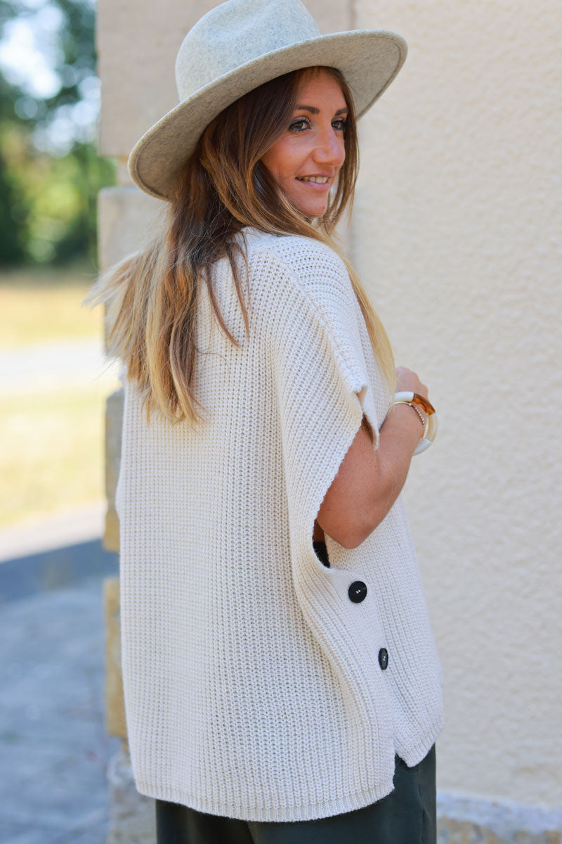 Beige sleeveless chunky crochet knit sweater with large button