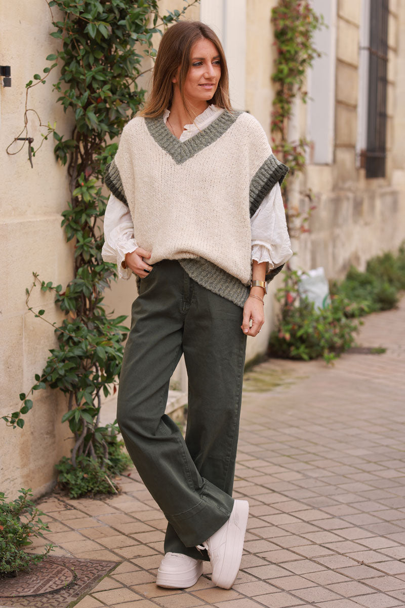 Beige Oversized Knit V-Neck Vest, Taupe & Khaki detail