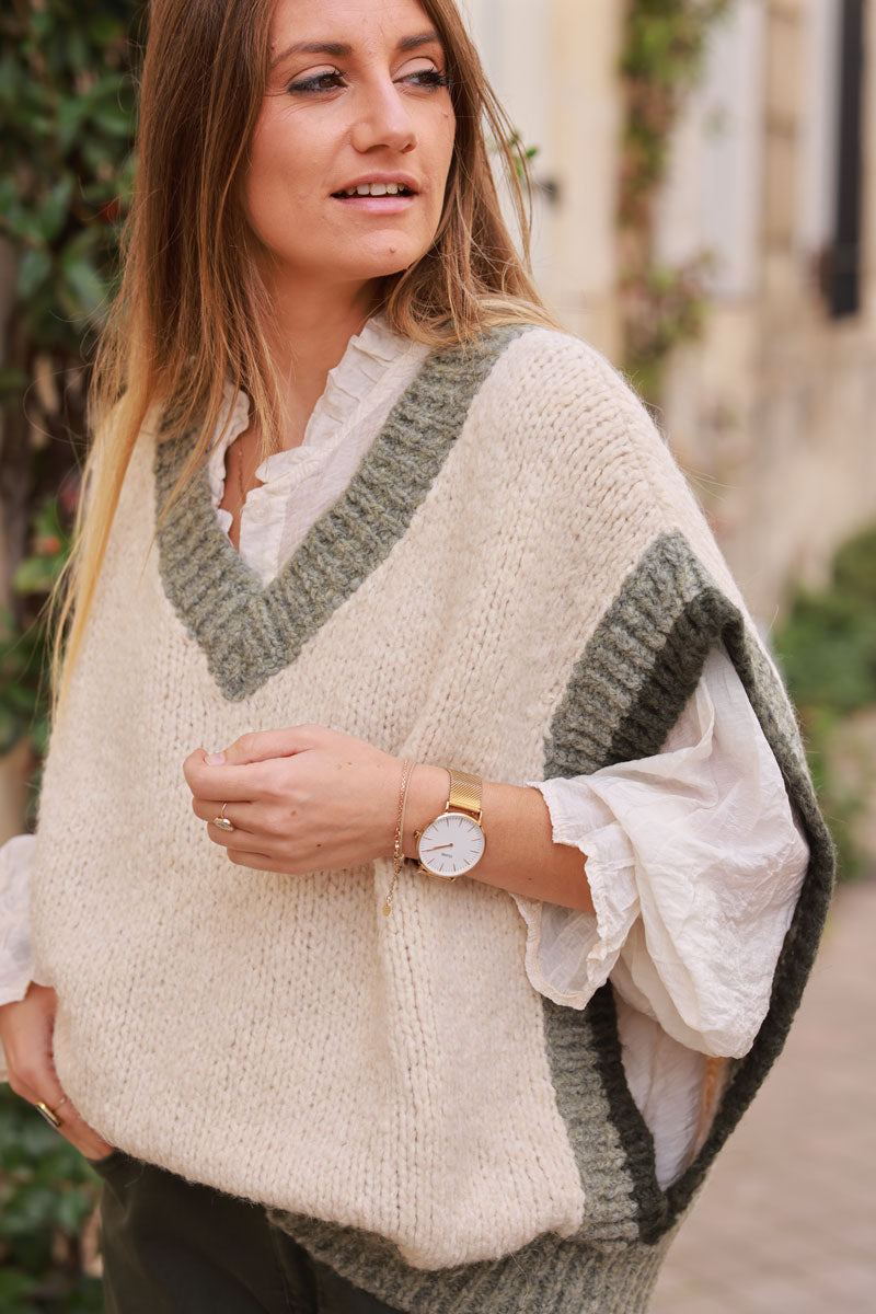 Beige Oversized Knit V-Neck Vest, Taupe & Khaki detail