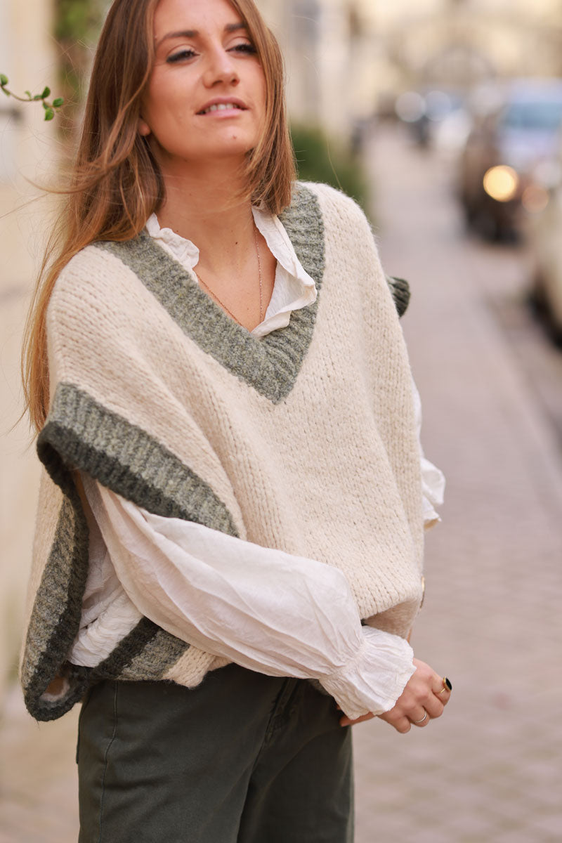 Beige Oversized Knit V-Neck Vest, Taupe & Khaki detail