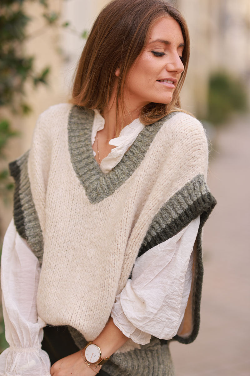 Beige Oversized Knit V-Neck Vest, Taupe & Khaki detail