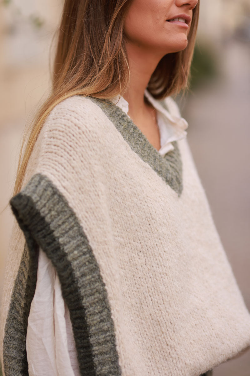 Beige Oversized Knit V-Neck Vest, Taupe & Khaki detail