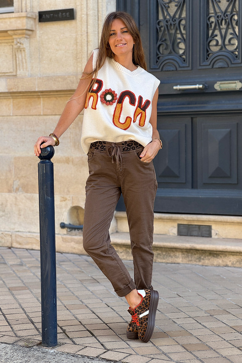 Pull sans manches beige moelleux en maille broderie ROCK nuances automnes