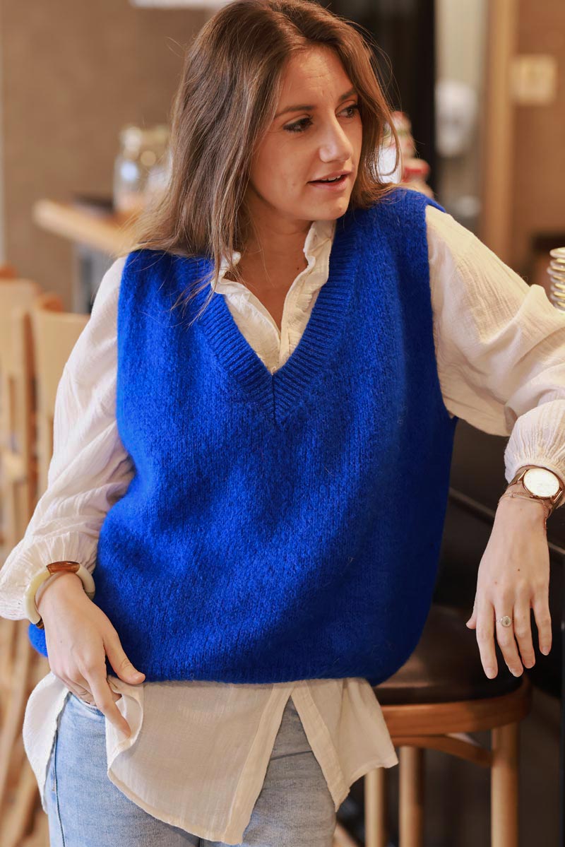 Royal Blue Kid Mohair Blend Sleeveless Sweater, ribbed v-neck