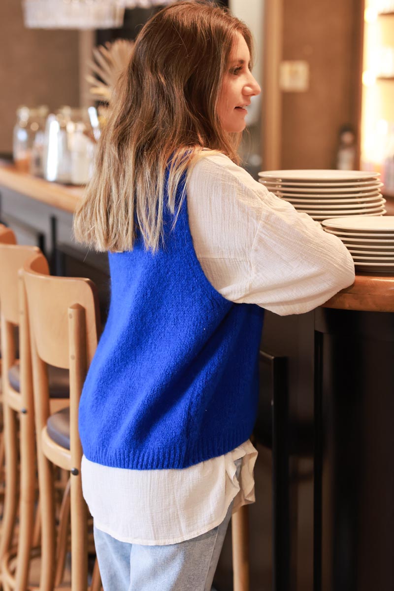 Royal Blue Kid Mohair Blend Sleeveless Sweater, ribbed v-neck