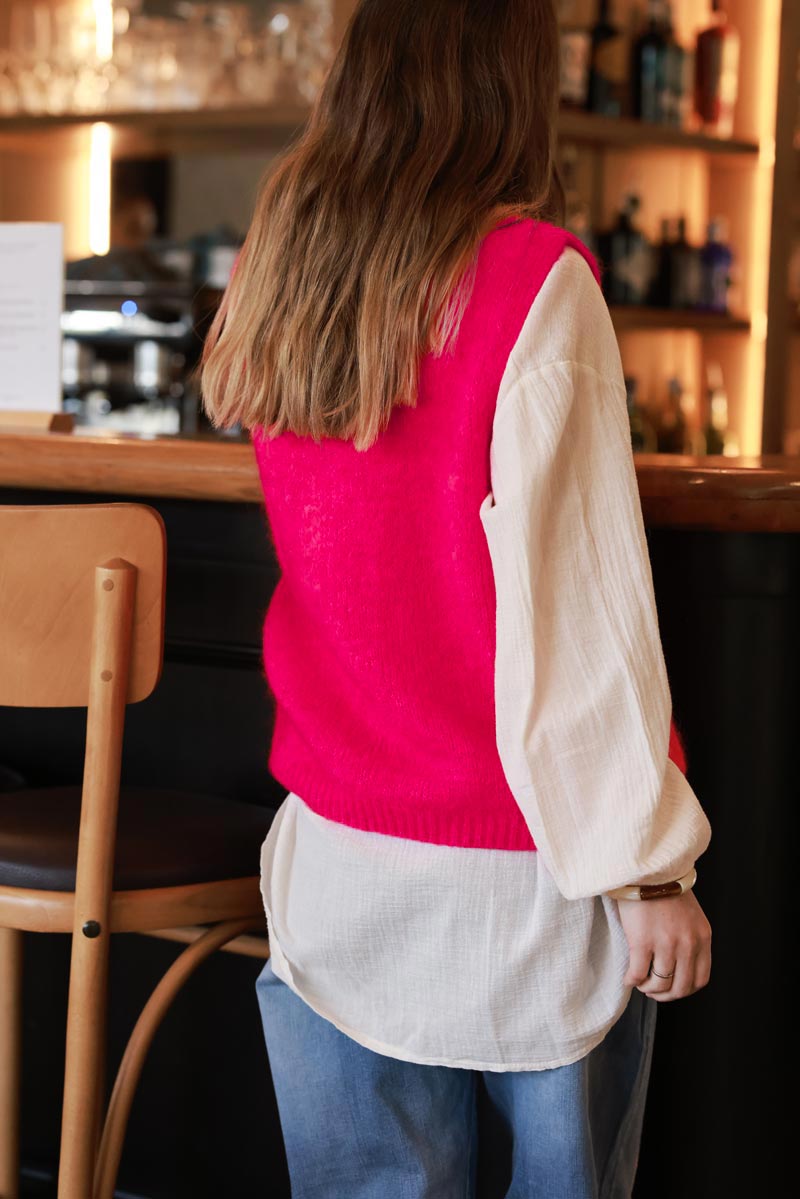 Hot Pink Kid Mohair Blend Sleeveless Sweater, ribbed v-neck