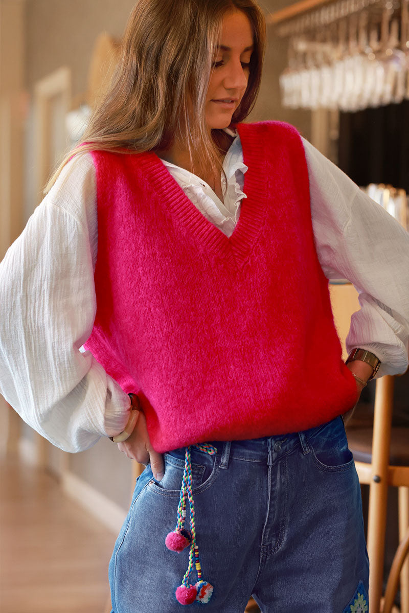 Hot Pink Kid Mohair Blend Sleeveless Sweater, ribbed v-neck