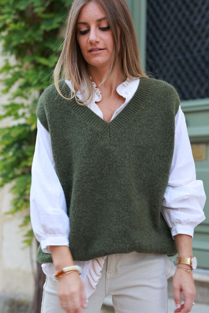 Khaki kid mohair blend sleeveless sweater, ribbed v-neck