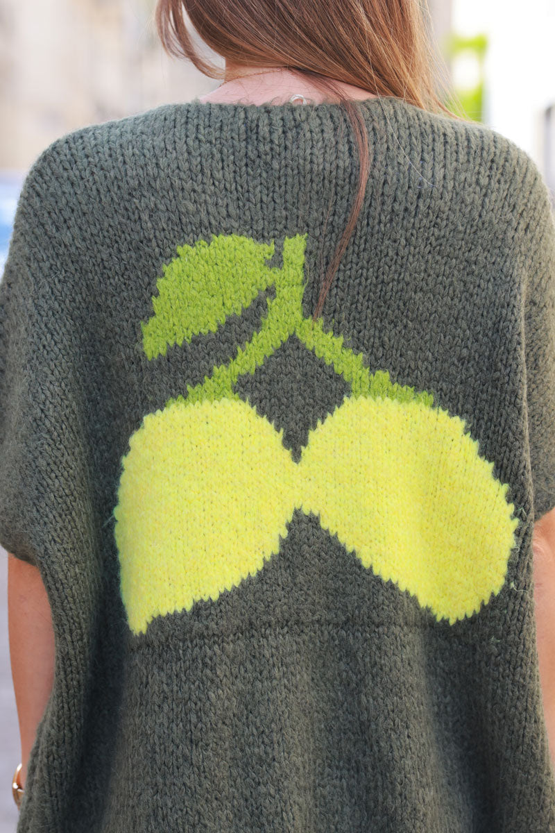 Khaki sleeveless chunky knit tie front jumper with lemon pattern