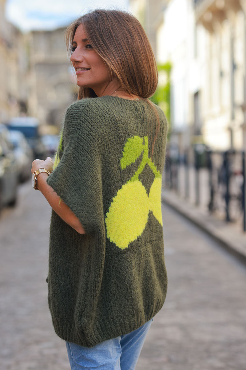 Pull sans manches kaki grosse maille avec nœuds motif citrons