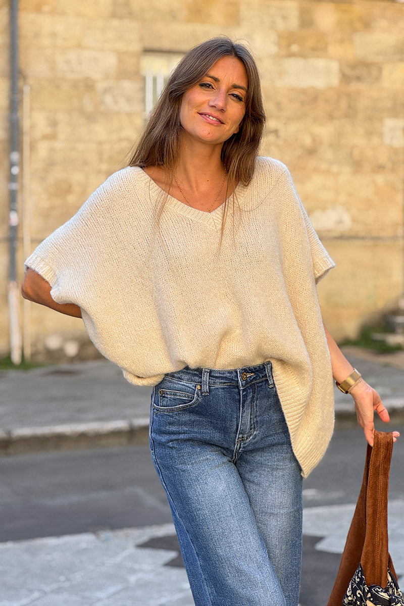 Cream V-Neck Sweater Poncho