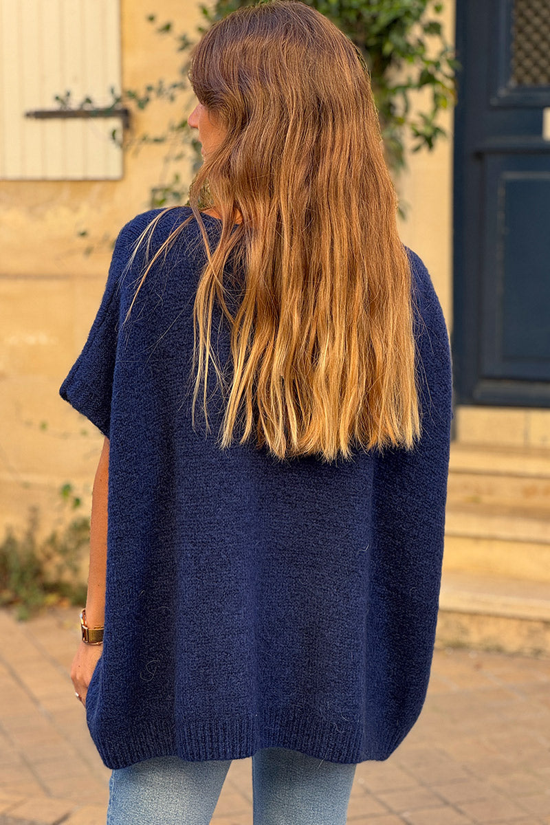 Pull sans manches large et moelleux bleu marine en mohair col v côtelé