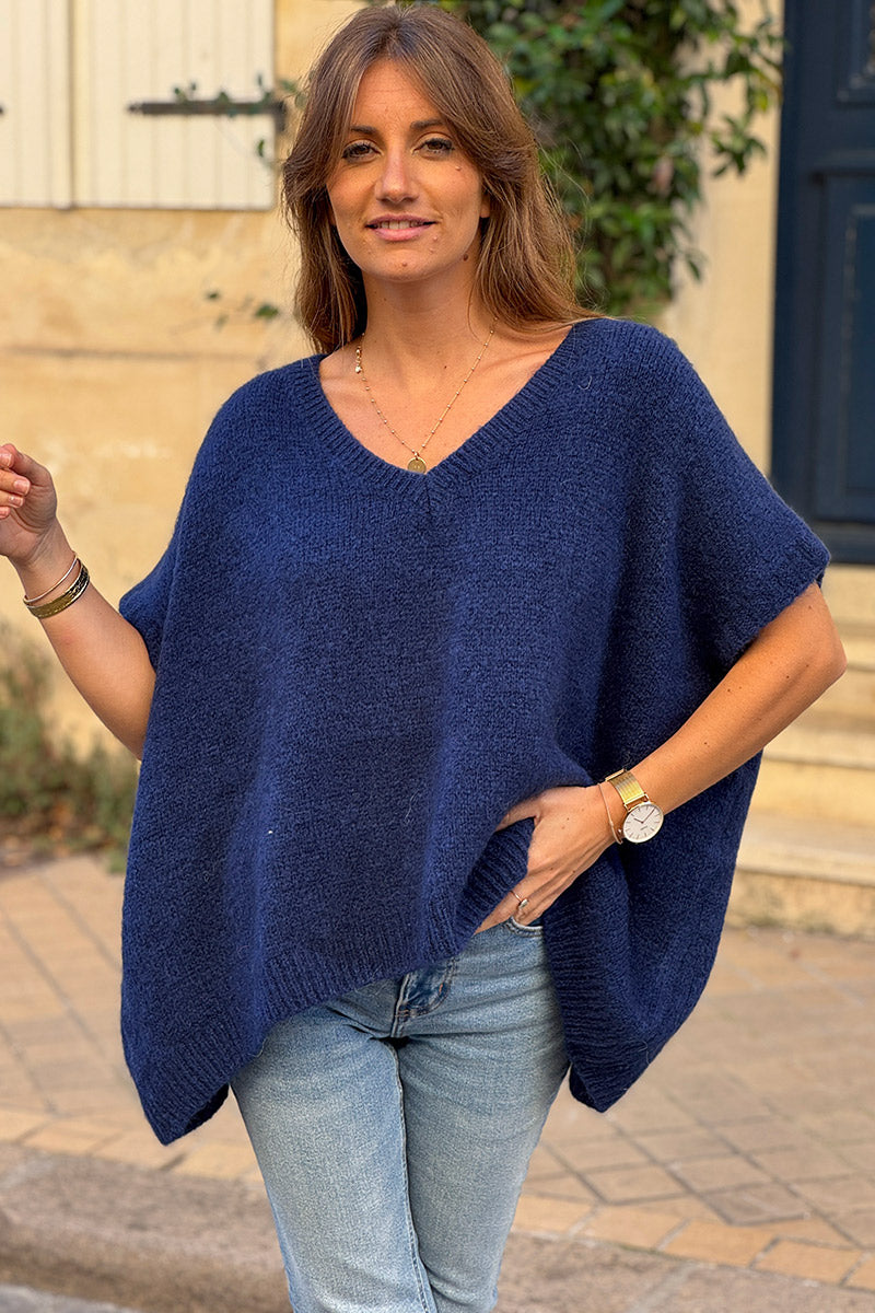 Pull sans manches large et moelleux bleu marine en mohair col v côtelé