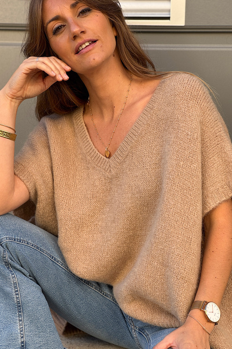 Pull sans manches large et moelleux camel en mohair col v côtelé