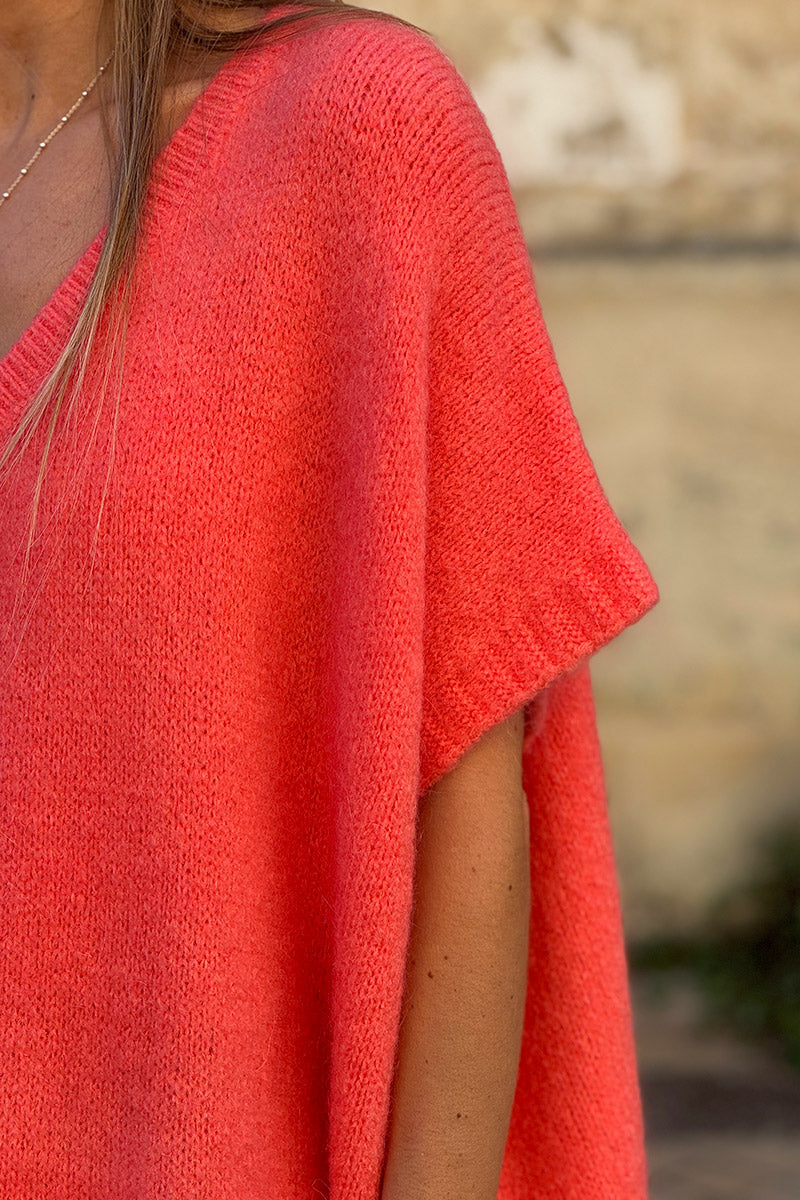 Pull sans manches large et moelleux corail en mohair col v côtelé