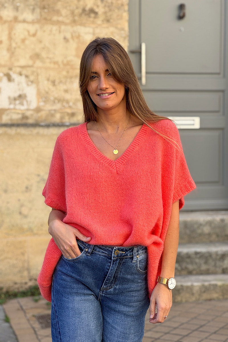 Pull sans manches large et moelleux corail en mohair col v côtelé