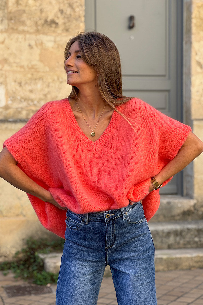 Pull sans manches large et moelleux corail en mohair col v côtelé
