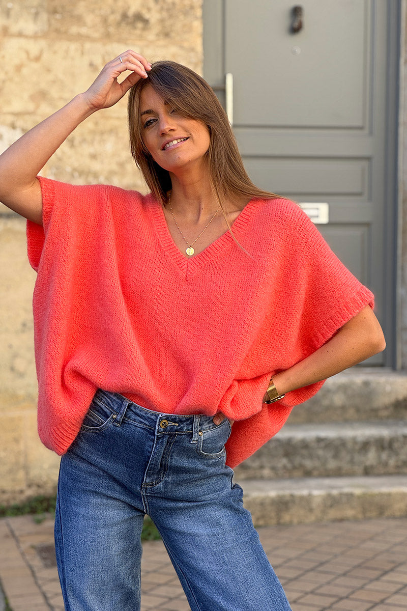 Pull sans manches large et moelleux corail en mohair col v côtelé