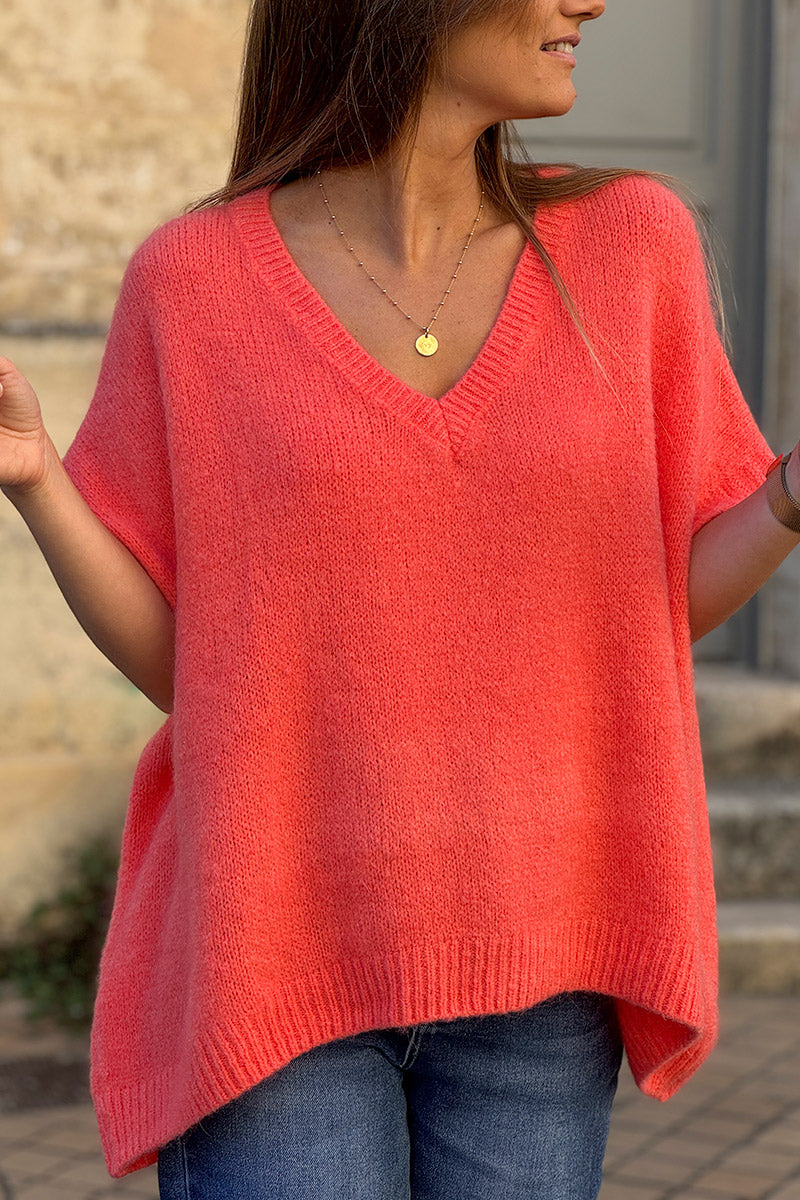 Pull sans manches large et moelleux corail en mohair col v côtelé
