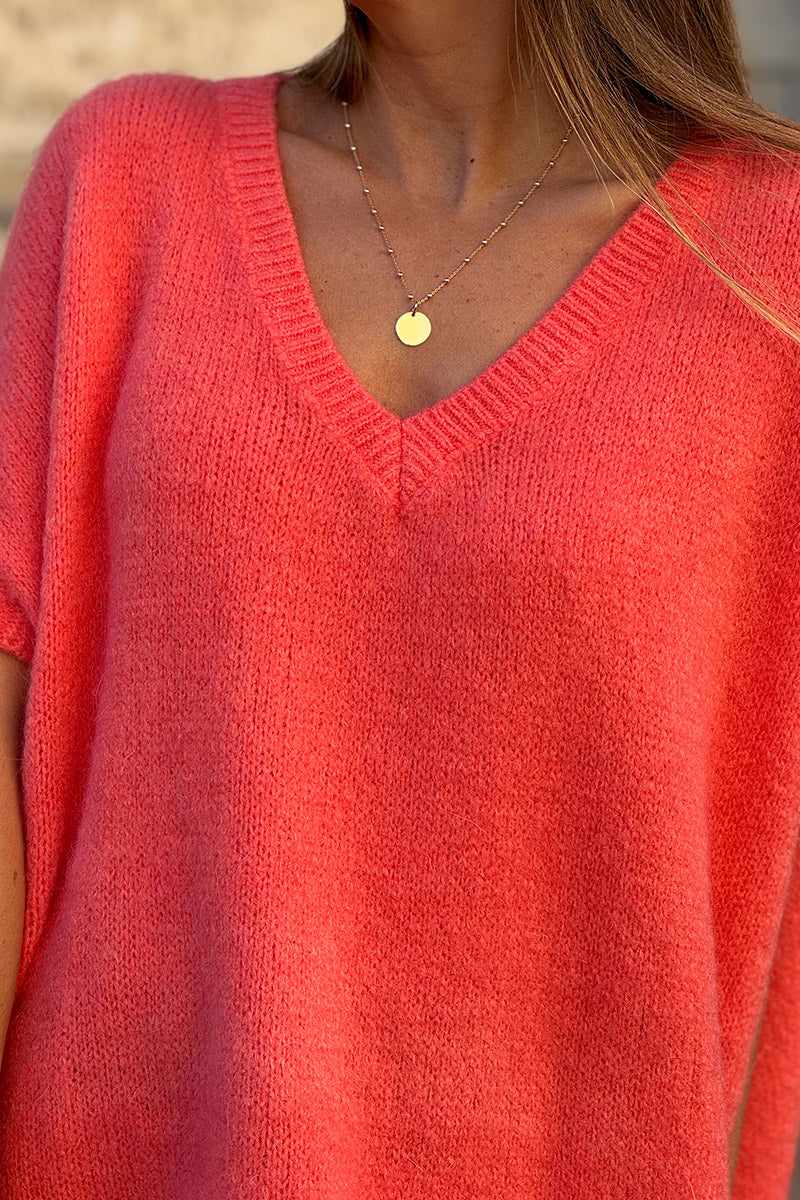 Pull sans manches large et moelleux corail en mohair col v côtelé