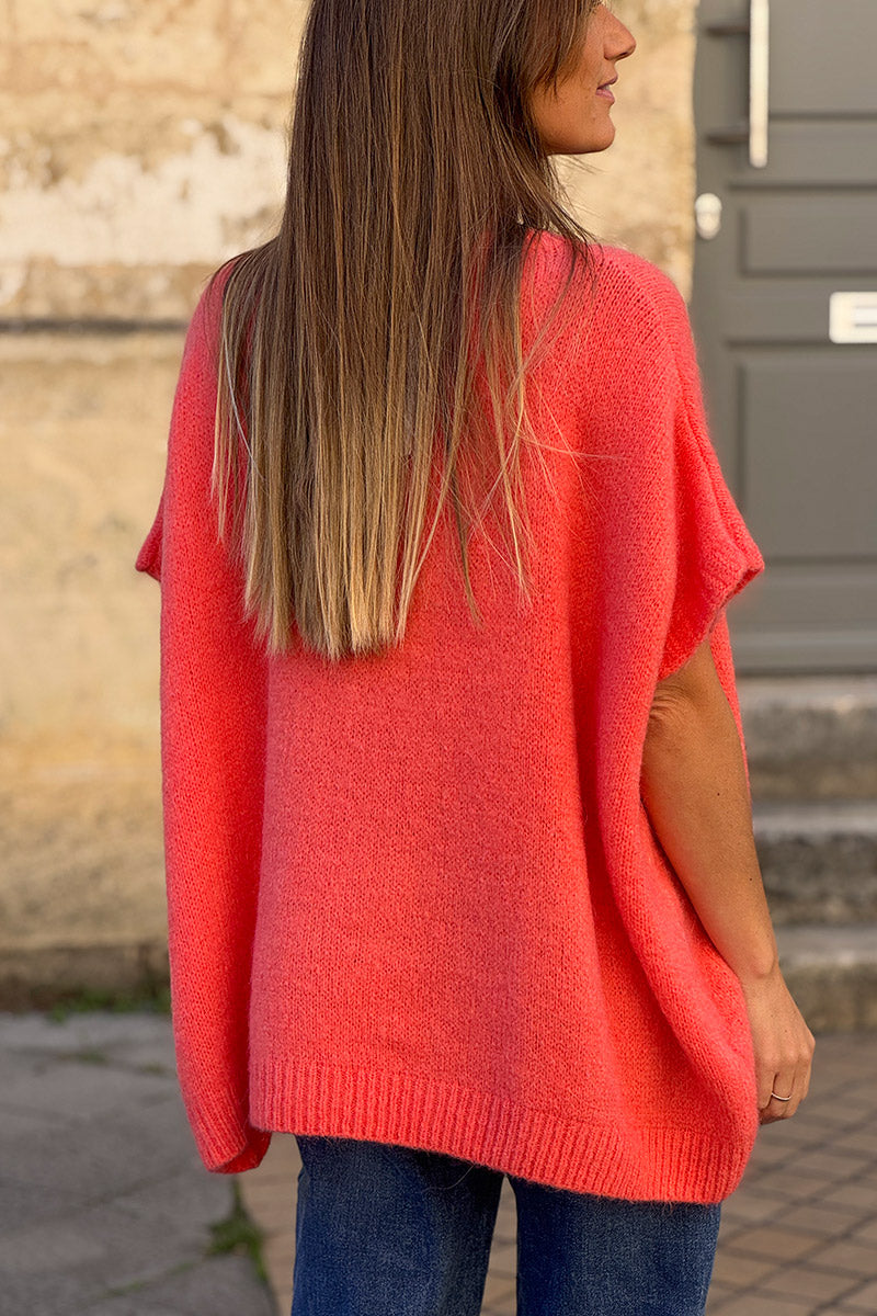 Pull sans manches large et moelleux corail en mohair col v côtelé