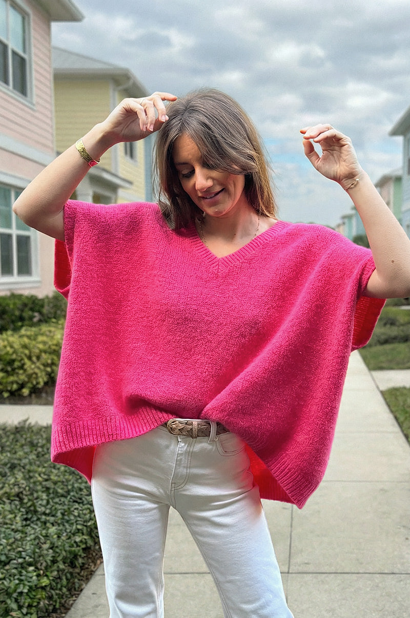 Fuchsia Pink V-Neck Sweater Poncho