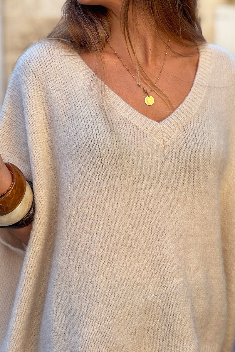 Cream V-Neck Sweater Poncho
