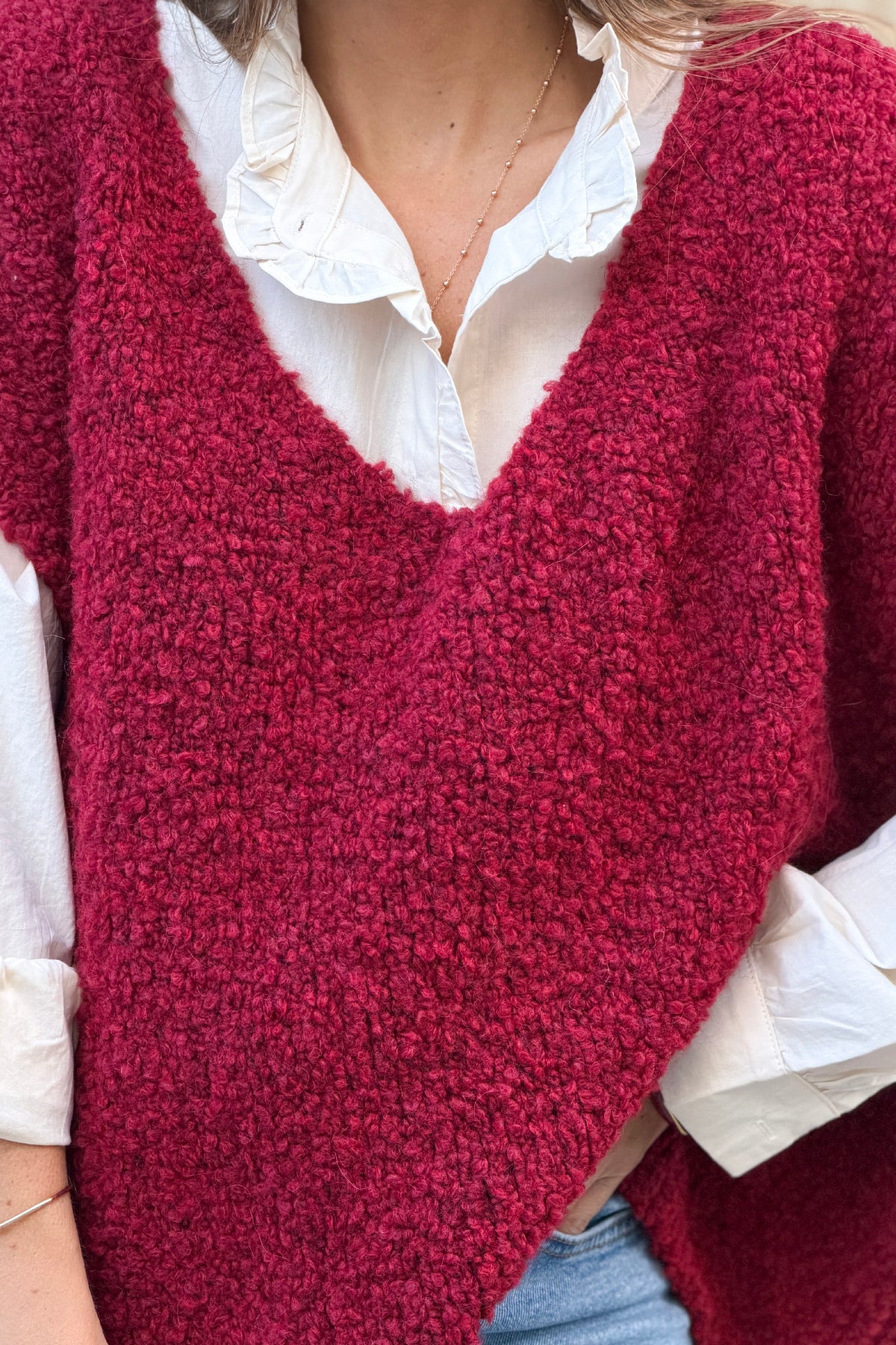 Burgundy V-Neck Alpaca Knit Sweater