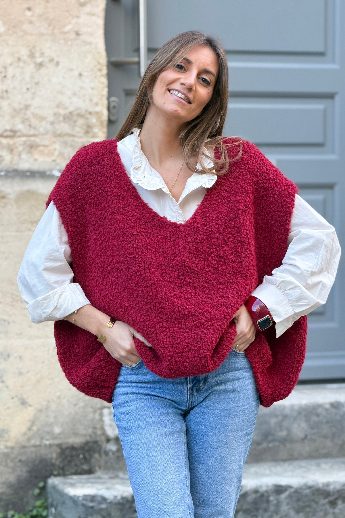 Burgundy V-Neck Alpaca Knit Sweater