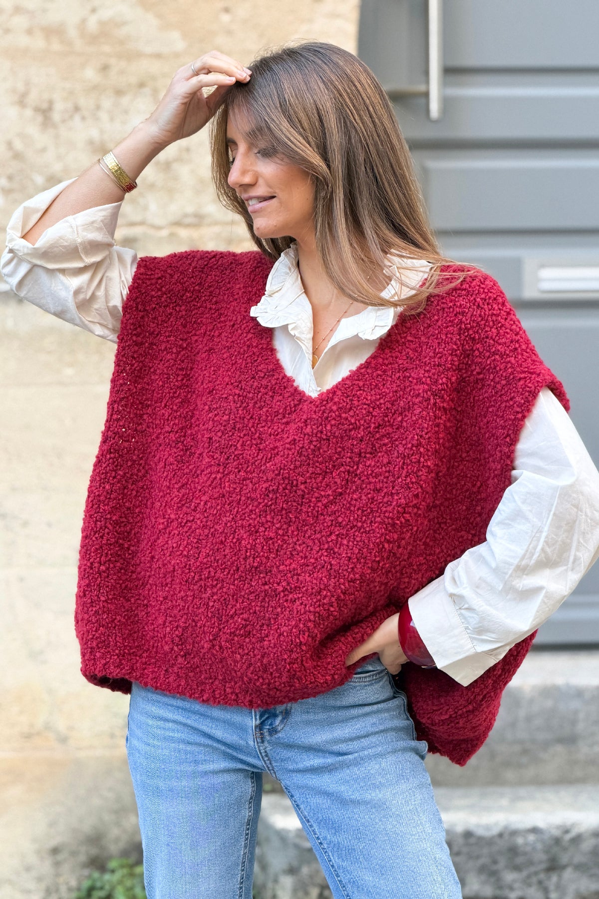 Burgundy V-Neck Alpaca Knit Sweater