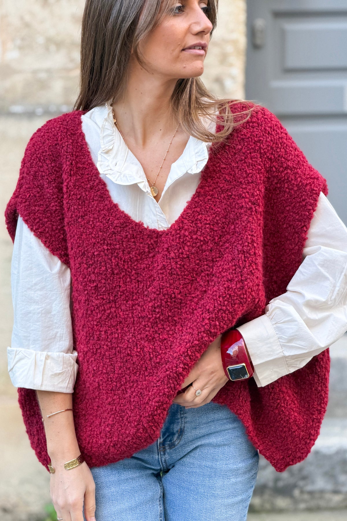 Burgundy V-Neck Alpaca Knit Sweater