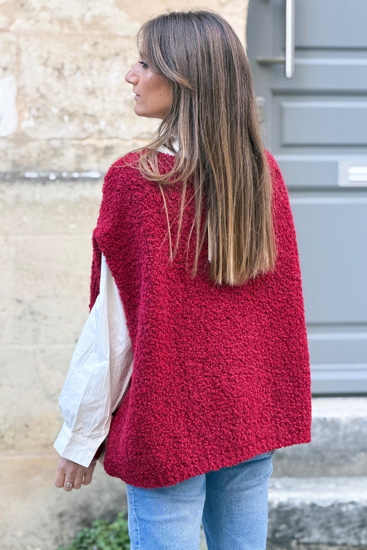 Burgundy V-Neck Alpaca Knit Sweater