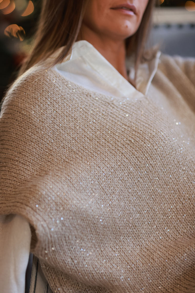 Beige and Gold Wool Blend Metallic Sequin Sweater