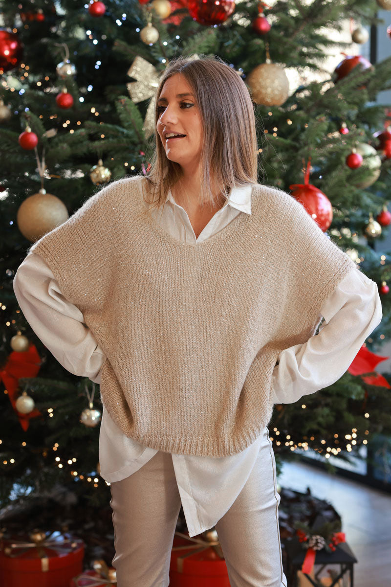 Beige and Gold Wool Blend Metallic Sequin Sweater