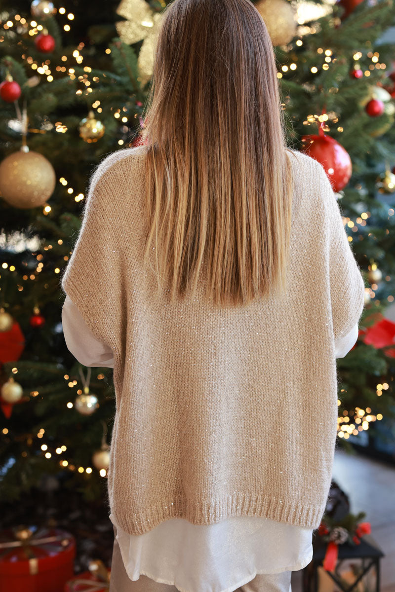 Beige and Gold Wool Blend Metallic Sequin Sweater