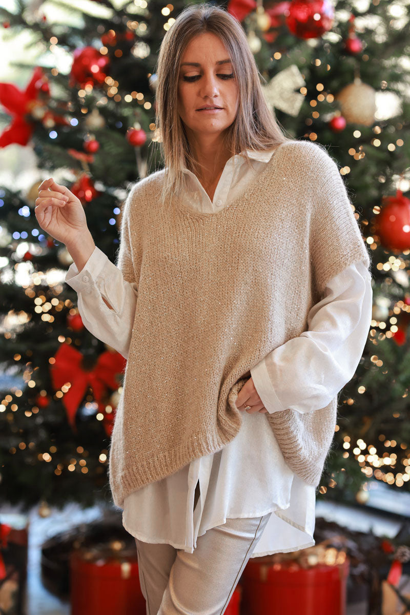 Beige and Gold Wool Blend Metallic Sequin Sweater