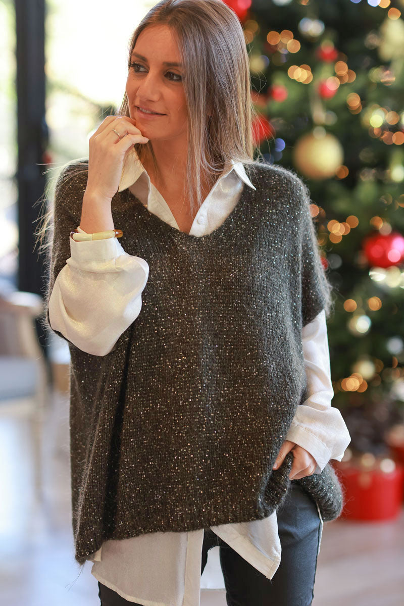 Olive and Gold Wool Blend Metallic Sequin Jumper