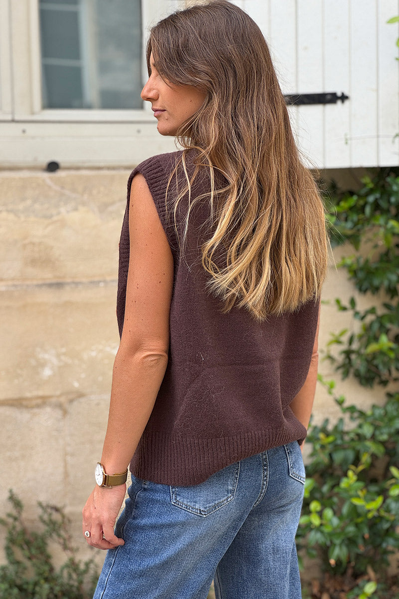 Pull sans manches marron moelleux en maille broderie ROCK nuances automnes