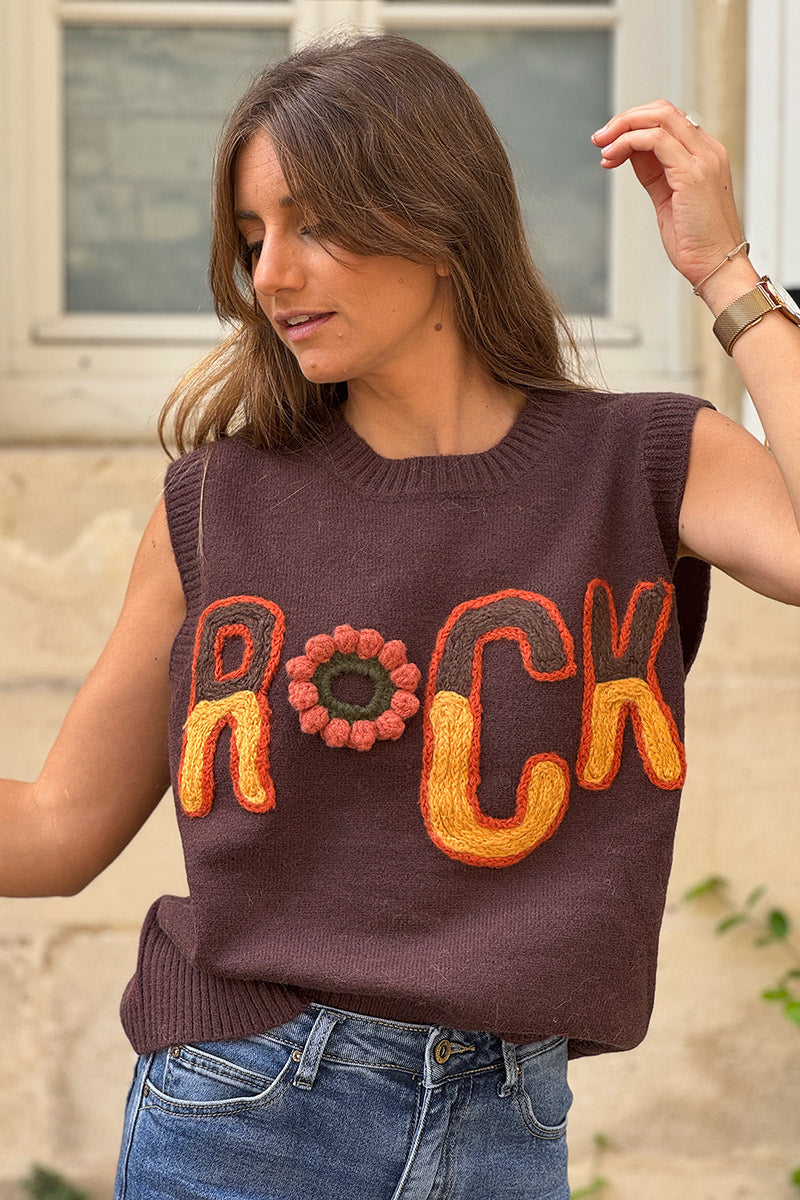 Pull sans manches marron moelleux en maille broderie ROCK nuances automnes