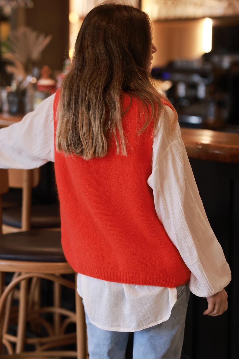 Blood Orange Kid Mohair Blend Sleeveless Sweater, ribbed v-neck