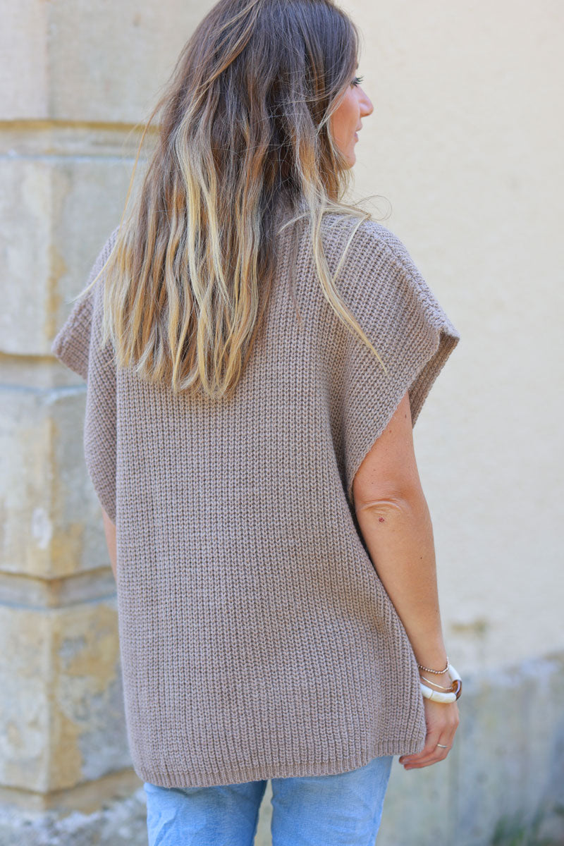 Taupe sleeveless chunky crochet knit sweater with large button