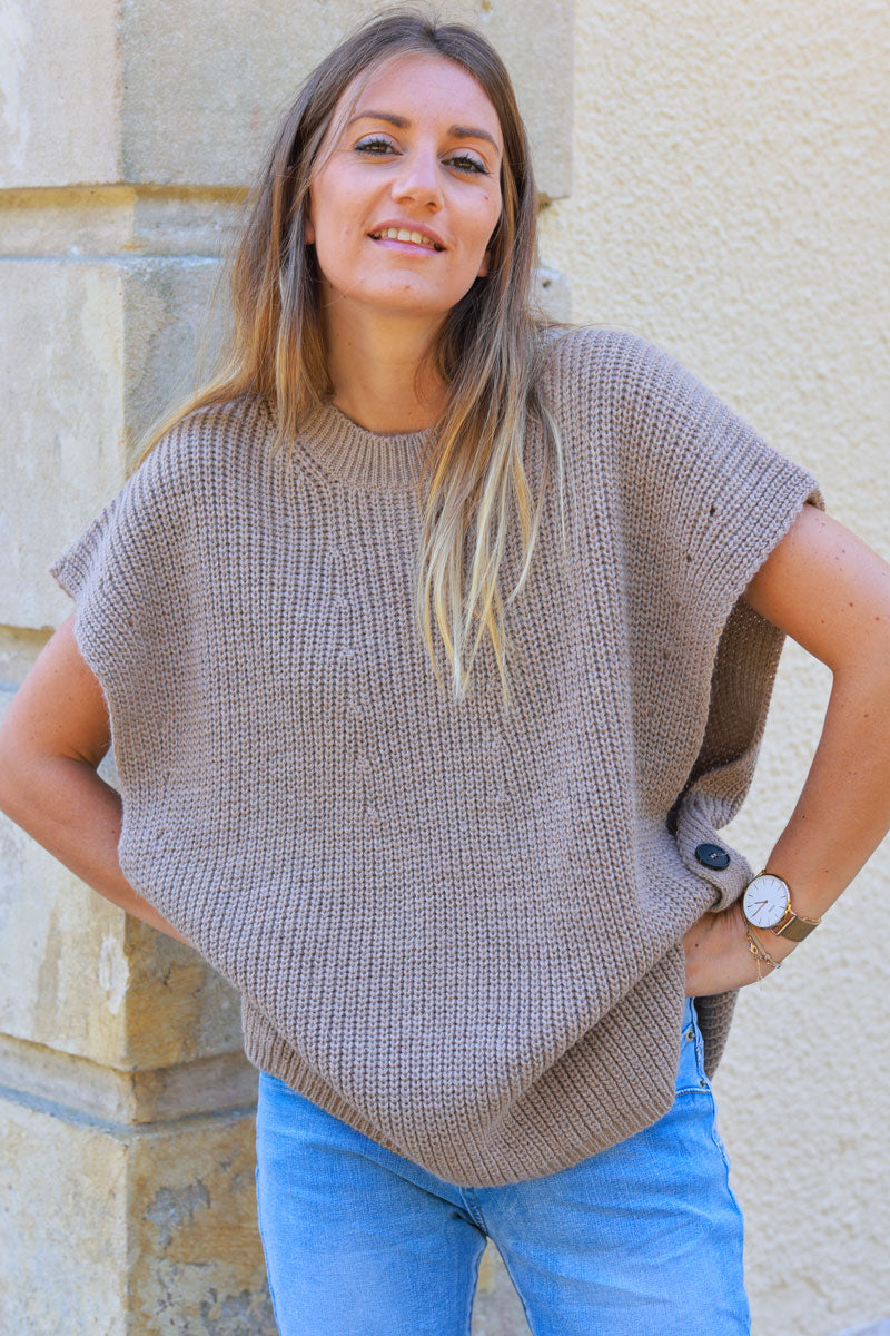 Taupe sleeveless chunky crochet knit sweater with large button