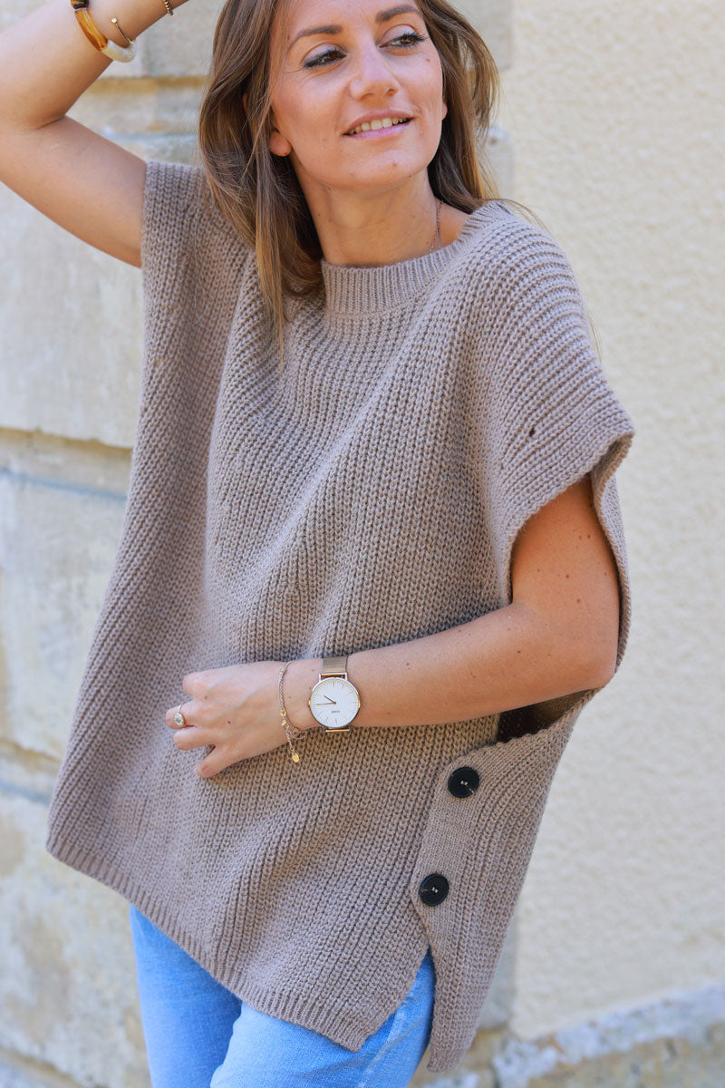 Taupe sleeveless chunky crochet knit sweater with large button