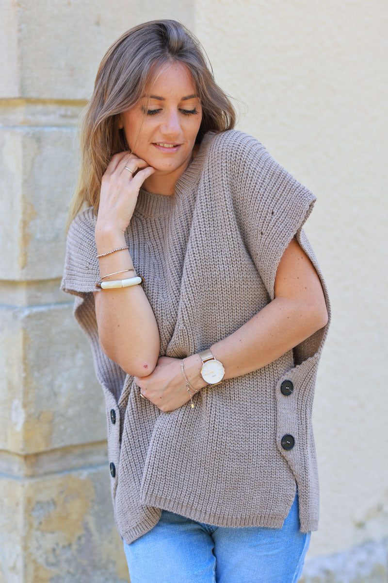 Taupe sleeveless chunky crochet knit sweater with large button