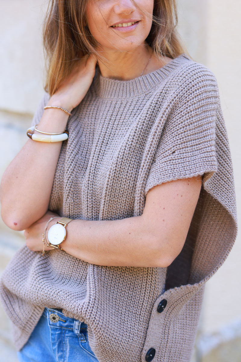 Taupe sleeveless chunky crochet knit sweater with large button