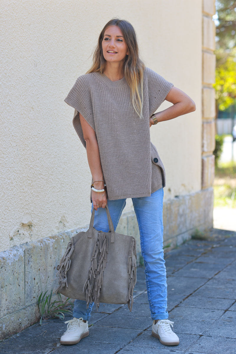 Taupe sleeveless chunky crochet knit sweater with large button